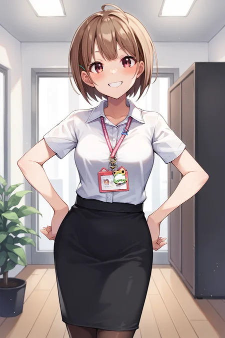 score_9, score_8_up, score_7_up, source_anime, nodokahaurusaki,  <lora:harusaki_nodoka_XL:0.9>, 1girl, solo, brown hair, short hair, ahoge, hairclip, red eyes, medium breasts, office lady, white shirt, collared shirt, short sleeves, black skirt, pencil skirt, black pantyhose, lanyard, id card, indoors, office, looking at viewer, smile, grin, blush, hands on own hips, open mouth, cowboy shot