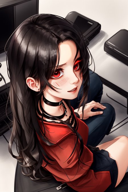 best quality, intricate details, sitting on lap, from above, from behind, legs

1girl, long hair, black hair, messy hair, red highlights, hair over one eye, red eyes, sharp eyes, 

choker, neon shirt, torn legwear, open jacket, 



<lora:sittingOnLapPov_sittingOnLapPovV1:0.8>