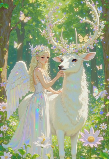 pinkprismaticglow,  The illustration depicts the spring, in a green forest full of flowers, a long-haired angel girl wearing a white angel dress, in front of her is a white deer with huge antlers, the antlers are full of flowers, the woman gently caressed the deer, the colorful butterflies dance around, the details of green leaves and flowers are vivid, rich colors, and the deer is beautiful. Intricate textures and delicate patterns are harmoniously interwoven with the girl's clothing, giving a funny feeling of harmony and unity with nature. Green nature background.