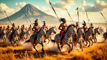 Real photograph of an army of African warrior women, black skin, Nubian, beautiful, breathtaking, athletic, (small breasts:1.4), earrings, necklace, wrist bands, human feet wearing sandals, dangerous, fierce, determined, battle hardened, mounted atop angry and ferocious zebras, cavalry charging into battle with lowered spears, shields and spears bearing war decorations, fierce angry painted faces full of rage, yelling fierce war cries, African Savannah with mount Kilimanjaro in the background, intricate details, masterpiece, elegant, complex patterns, (full body shot from head to toe:1.6), environmental wide angle, dramatic and dynamic morning lighting, intense atmosphere <BaroqueColorful:0.72>