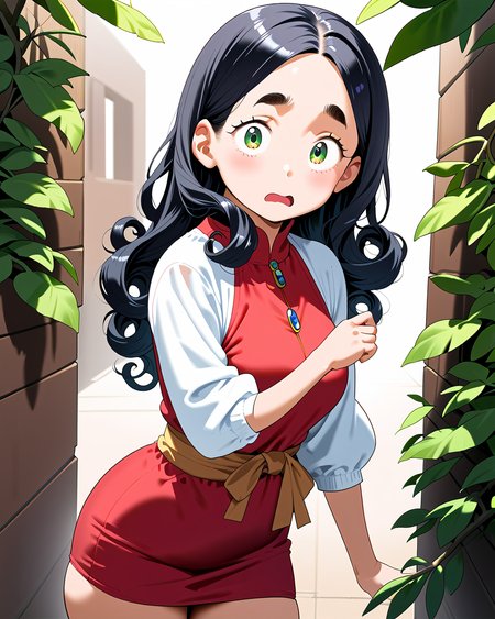 score_9, score_8_up, score_7_up, score_6_up, source_anime, rating_safe, ah1, 1girl, (curly hair), long hair, (black hair), mature female, (parted hair:1.7), (round face), (no_bangs:1.3), (no_fringe:1.6), looking at viewer, (thick eyebrows), (curvy), round-chin, (dark olive green eyes), caucasian, down-turned eyes, <lora:ETO_OCPonyXL:0.5> eto_oc, skindentation, thick thighs, wide hips, petite, busty, voluptuous, (Bending down to touch a plant or flower, showing care and connection with nature), (frostbite shimmering sequin dress with bell sleeves), (in capitol building), (Shocked, wince, grimace), (Curly Lob), (Ground level (from the side) view Extreme Close shot (focus on waist)), <lora:AsahinaMP:0.8> AsahinaMP,