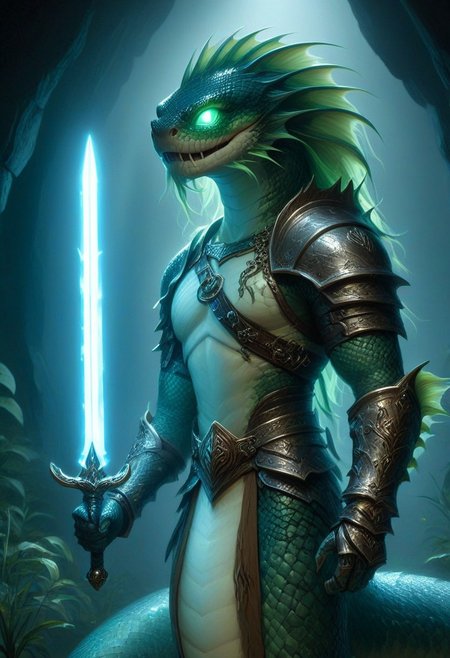 Naga, hkstyle, holding a Glowing Rune Sword, glowing rune armor,