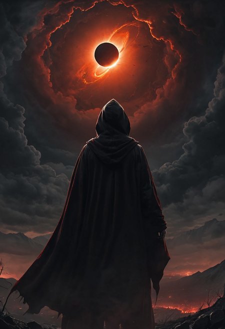 cinematic shot, digital painting, (masterpiece, best quality:1.5), apocalyptic, the sky opens into a black hole, with red lightning streaking through, 
a shadowy figure stands in a black hooded cloak, shadow hands reach for him, silhouette, dramatic lighting, film grain, ominous, visually captivating, a red moon, contrasting shadows, extremely detailed, hkstyle