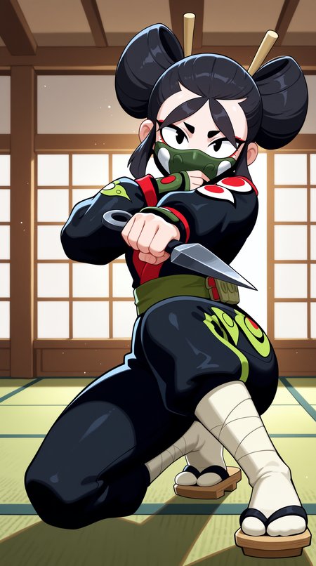 masterpiece, best quality, amazing quality, aesthetic,  absurdres, best quality, 4k, upscale, indoors,1girl, kaze, solo, 1girl, black hair, (dynamic pose, foreshortening), dual wielding, weapon, black eyes, hair bun, holding, double bun, japanese clothes, kunai, ninja, holding weapon, looking at viewer,  thick eyebrows, mask, sandals, makeup, eyeliner, mouth mask,, ninja  <lora:Kaze_IL:0.8>