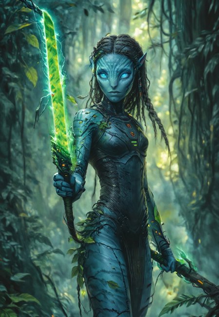 w4rh4mm3r style oil painting of a female cyborg Avatar navi alien with blue skin, wearing torn and damaged leaf and bark armor, with a cybernetic arm, holding plasma sword, green plasma sword, burning forest of huge trees in the background, long electrical wires braided hair