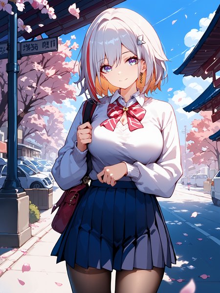 score_9, score_8_up, score_7_up, source_anime, 1girl, topaz \(honkai: star rail\), solo, school uniform, white shirt, sweater, pleated skirt, pantyhose, light smile, looking at viewer, outdoors, street, cherry blossoms, petals, depth of field  <lora:Char-HonkaiSR-Topaz-Pony-V1:1>  <lora:Style-Expressive_H-pony:1>