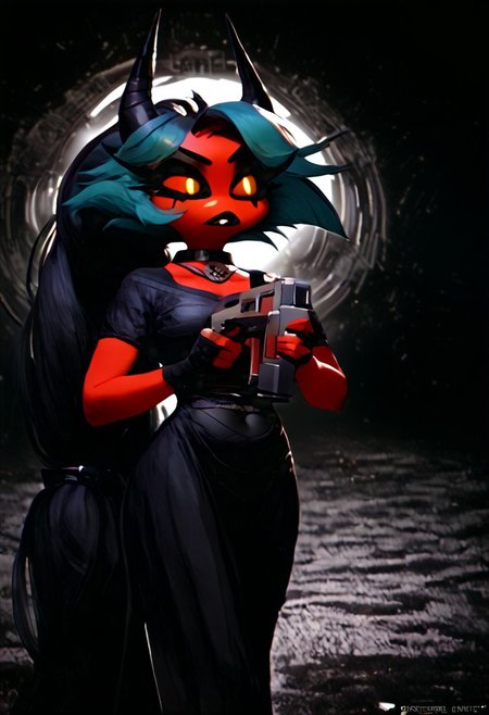 (score_9, score_8_up, score_7_up), PRSNL_3_1, HCSV1, illustration, ((cartoon)), hand drawn, ((masterpiece)), (furry art, uploaded on e621, 4k, fine details, (subtle soft details), (female), ((imp)), gloves, demon girl, (red skin mottled with white spots), imp tail, black pupils, black sclera, ((black ram horns)), short stature, 1girl, (((very long light teal hair tied into a ponytail:1.4))), dark teal highlights, ((purple slave collar)), black puffy lips, black eyeliner, ((detailed orange eyes)), ((dynamic pose)), plump, cute, beautiful, ((black sclera:1.4)), orange iris, Detailed hand, medium breasts, cleavage, curvy, pink fingerless gloves, large iris, hooves, fur on ankles around hooves, medium bulge, solo, (((holding a rifle with both hands, m41apls))), Helldivers, in a futuristic, armored suit. The armor is predominantly dark gray with pink accents at the shoulder plates, knee pads, and boot heels, It's a sleek design with segmented plates suggesting both flexibility and protection, (cyberpunk city outskirts, cable, standing, scales, road, outcasts, black background, walking, car, horizon, decay, dystopian, cinematic lighting, vivid colors, futuristic chestplate, loincloth, covered navel,