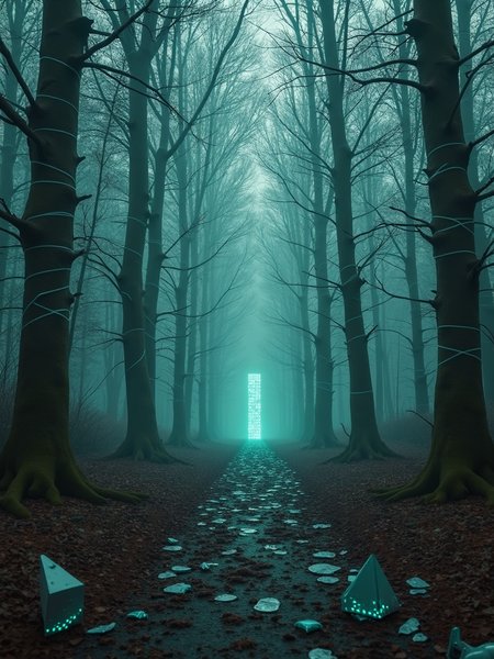 A mysterious forest with trees wrapped in flashing code, broken lenses and twisted metal on the ground, as if the world has been distorted by some unknown force.