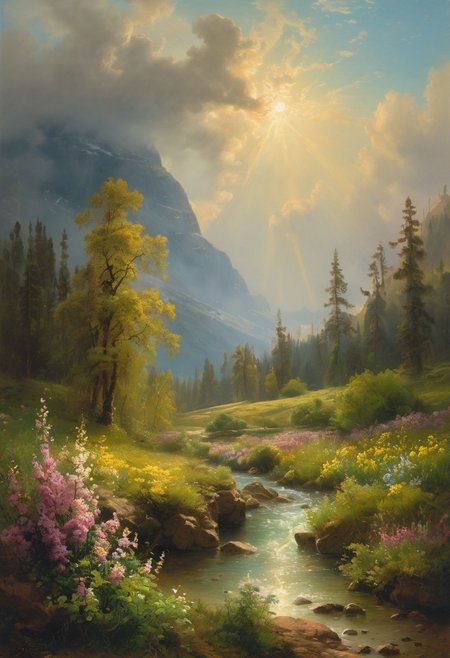((masterpiece, best quality, high quality, highres, ultra-detailed)), sunlight, epic snowstorm, (Render:0.1),  (best quality, 8K, high resolution, extreme detail, outstanding composition:1.4), mountain valley, forest, river, spring, flowers, rain, god rays, dramatic light,  aesthetic of hard - edge painting:0.1), full body, oil on canvas, (ivan aivazovsky:0.1), (best quality, high resolution, extreme detail, outstanding composition, masterpiece:1.4), award winning, screen space reflections (ssr), absolute sharpness, f/11, distinctive breathtaking magnum with delicate details, (stormcolors:0.1), epic shot, action shot, moody picture, creative work, creativity