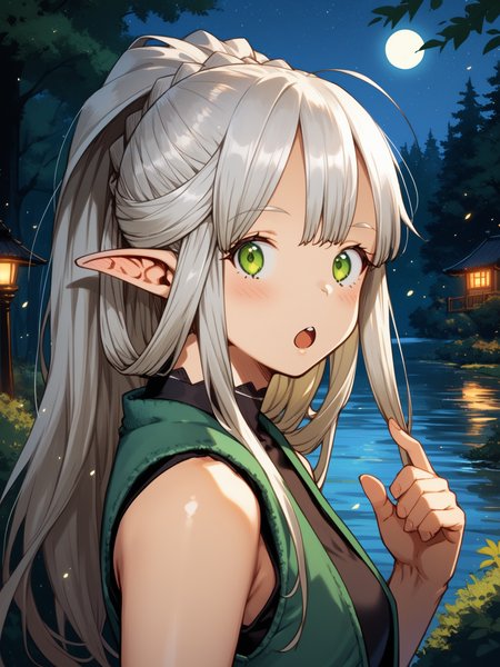 (upper body, solo focus:1.2) <lora:happy_tentacle-himono_elf-v0.1-000024:1>, ht_himono_elf, green eyes, silver hair, (petite:1.2), <lora:Shed_The_Skin's StS_age_slider_v1_initial_release:-1> ( (vest :1.1) :1.1) ( , , ( surprised :1.2) , , looking back :1) , outdoors, vegetation, ( :1.1), , (night, night sky :0.6), , (:0.5), , (european architecture :0.9), (forest:1.2), lake ( :0.8) score_9, score_8_up, score_7_up, score_6_up, score_5_up, score_4_up, ( [(realistic, photorealistic:1.3):(realistic:1.2):16] [(3d:1.2)::14] :1) <lora:LUUNA's Lunas-NijiJourney-SDXL-B2:0.35>, nijijourney <lora:prgfrg23's Counterfeit-V3.0 Style SDXL_LoRA_Pony Diffusion V6 XL:0.5> <lora:mfcg's mfcgXL:0.12> <lora:reweik's gyokai(himehajime)_PonyXL_style_v01:0.14>