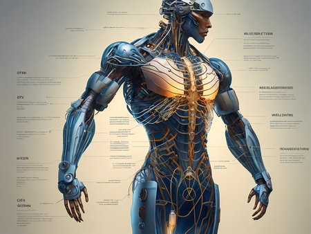 technical diagram of a military cyborg, translucent skin, bio-organic, tubes and veins, neural network, brain cortex, weapon systems. Intricate details, schematic, circuits, sketch, infographic.