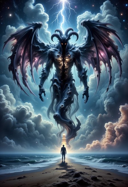 A colossal figure with a tentacle head kraken head and dark wings strides ominously through a stormy ocean night. A tiny sailor stands frozen on the beach, illuminated by a lighthouse's yellow beam. Lightning splits the sky, revealing a galaxy of stars and a sense of impending terror.