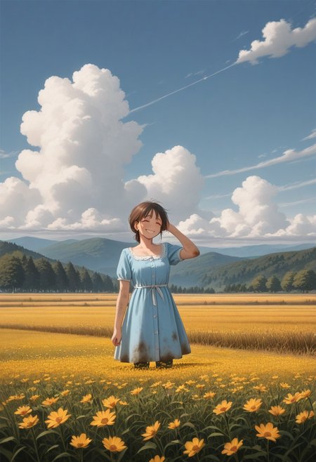 masterpiece, best quality, amazing quality, soviet, spring, girl works in her garden, she is smiling, outdoors, dirty, day, blue sky, cloudy sky,