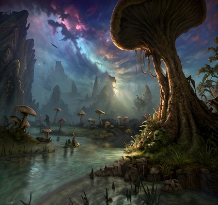 RAW photo, (masterpiece:1.3), subsurface scattering, heavy shadow, (high quality:1.4), (intricate, high detail:1.2), professional photography, HDR, High Dynamic Range, realistic, ultra realistic, photorealistic, high resolution, film photography, ambient lighting, atmospheric effects, <lora:detail_slider_v4:2>, OverallDetail,  <lora:Morrowind:1>, Morrowind, a swampy area, trees, giant mushrooms, night, epiCPhoto