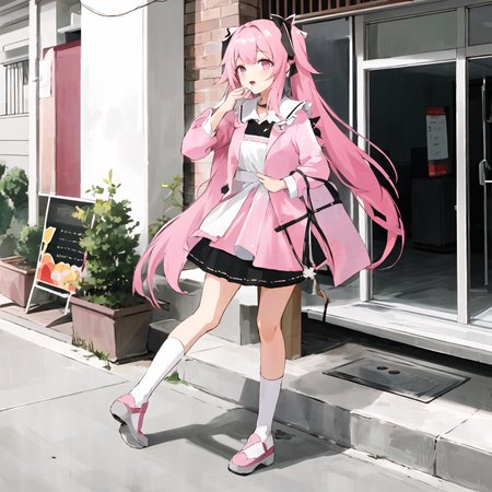 chiyoura chiyomi,solo,1girl,<lora:chiyoura chiyomi:0.7>,twin tail,long hair,pink hair,pink dress,ruffled skirt