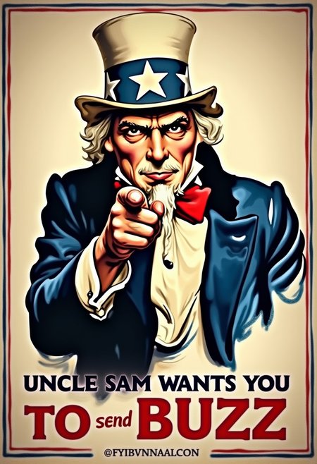 Uncle Sam War Poster, Uncle Sam pointing at viewer, Poster in American red white blue theme says "Uncle Sam wants you to send Buzz"