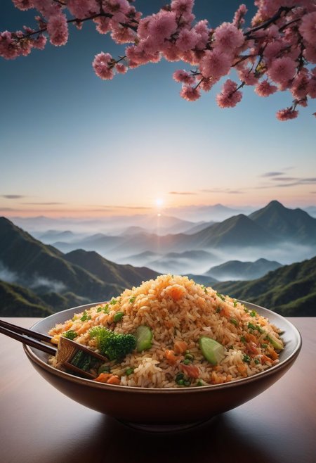 Ultra-wide photorealistic image,centered, photography, analog, | fried rice bowl dish, food photo, restaurant, table, japanese restaurant, | depth of field, bokeh, - 8k photorealistic masterpiece ,liquid tempera, calligraphy, acrylic: color watercolor, cinematic lighting, maximalist photo illustration: marton Bobzert: 8k concept art, extremely detailed, complex, elegant, vast, fantastical and psychedelic realism,