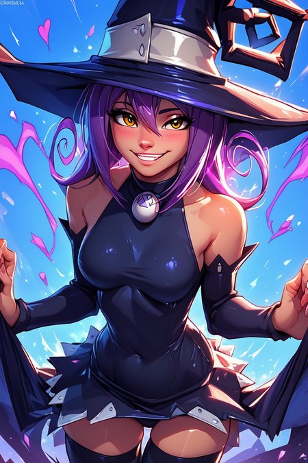 score_9, score_8_up, score_8, medium breasts, (curvy), cute, eyelashes,       BREAK, , zzBlair, 1girl, solo, yellow eyes, purple hair, witch hat, witch, detached sleeves, black short dress, thighhighs,  <lora:Blair_SoulEater_PDXL_v1:1.0>, , BREAK, embedding:zPDXL, Expressiveh, ,,, <lora:EnergyCAT:1.0>, solo, smile, looking at viewer, aura, blue sky, ,,, <lora:SDXLFaeTastic2400:0.5>, <lora:Expressive_H-000001:0.4>,