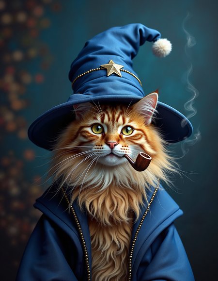 photograph of a happy fluffy long-haired domestic cat named Allie wearing a blue wizard hat and robe, smoking a pipe.. in the style of umesky<lora:UmeSky.safetensors:0.6:0.6>