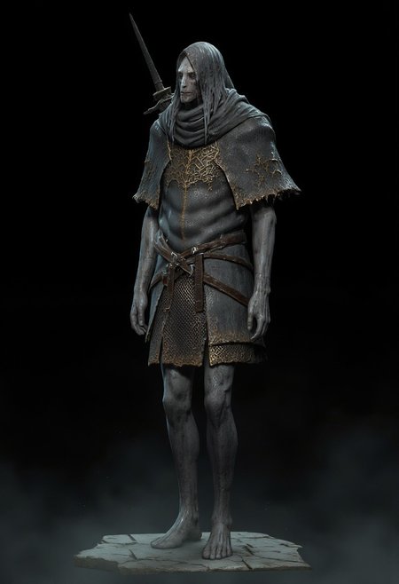 malformed hobo Miner monkeyman  in a roman soldier armor mixed with legionnaire attire
Standing on a flat ground
Set against a solid dark black color background to emphasize its unsettling unnatural form that emphasizes its silhouette. The medium is not a traditional painting or illustrative medium like watercolor or ink but rather a digital 3D rendering.
MikeFranchinastyle, bbstyle,, horror theme,, ZBClay model of a gray sculpture, zbrush, d4arks0uls, overcast lighting
