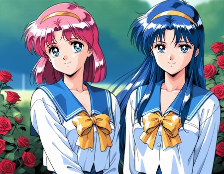 masterpiece, best quality, good quality, <lora:AiShimai_Futari_no_Kajitsu_IS:1> Kitazawa_Rumi, 1girl, blue hair, breasts, long hair, blue eyes, 
school uniform, serafuku, 1990s (style) BREAK, Kitazawa_Tomoko, 1girl, pink hair, Yellow hairband, small breasts, short hair,
serafuku, school uniform, Yellow ribbon, 1girl, BREAK,
 multiple girls, 2girls, blue eyes, blue hair, long hair, retro artstyle, long sleeves, smile, bow, blue sailor collar, sailor collar, 1990s (style), upper body, looking at viewer,
outdoor, flower, rose,