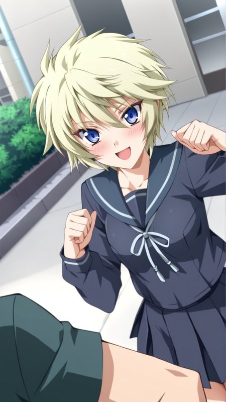 source_anime, general, best quality, masterpiece, 1girl,  <lora:Esther_Elhous_ill_v1.0:1> esther_elhous\(srw\),blue eyes , blonde hair, yellow hair,tsurime, small breasts ,serafuku, happy, (embarrassed:0.9),  dynamic pose, dutch angle, cowboy shot,