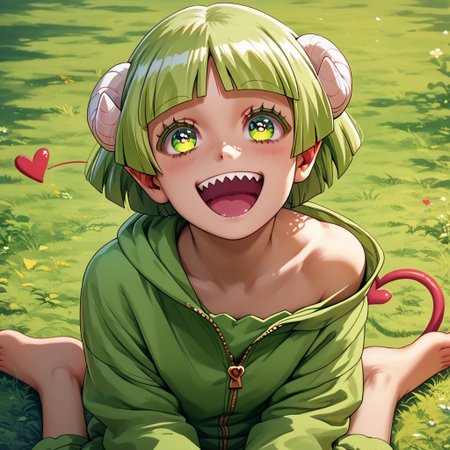 score_9, score_8_up, score_7_up, score_6_up, score_5_up, score_4_up, Cl_araV, unzipped green onesie, Sharp teeth, Horns, heart tail, happy, green hair, sitting on the ground, barefoot, looking up at viewer, exposed shoulder