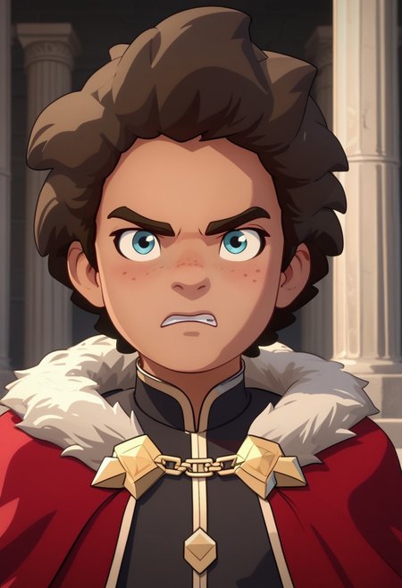 Score_9, Score_8, Score_7, TDPStyle, Ezran, Young, Young Ezran, King Outfit, Fur Trimmed Cape, Gold Diadem, Blue Eyes, bust shot, determined face, stone pillars,