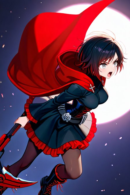 masterpiece, High quality, Ultra detailed, 2d, newest, absurdres, highres, BREAK
1girl, solo, <lora:ruby_rose:0.8>, ruby_rose_(ruby), short hair, black hair, multicolored hair, grey eyes, 
medium breasts, rosedef, long sleeves, black dress, corset, belt, rose, skirt, frilled dress, pantyhose, black footwear, cross-laced footwear, hooded cloak, red cape, 
scythe, crescent rose, holding scythe, fighting stance, angry, arms dawn, open mouth,