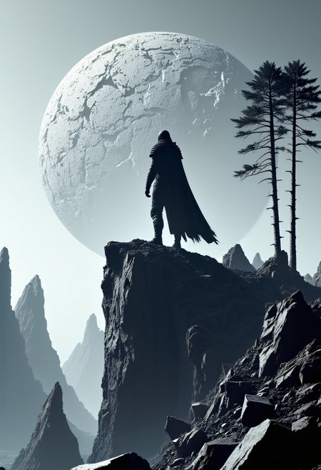 visiobrutalism. A Brutalist reimagining of a lone warrior standing atop a jagged, angular cliff, their silhouette carved from sharp, geometric shapes. The figure’s form is minimalist yet commanding, their flowing garments reduced to harsh, angular lines that blend into the rugged, fragmented terrain. Behind them, an abstract, textured sun dominates the sky, rendered as a fractured, circular monolith that casts stark, uneven light across the landscape. The surrounding mountains and trees are reinterpreted as sharp, faceted structures, creating a desolate and austere atmosphere that embodies the raw, unyielding power of Brutalism.