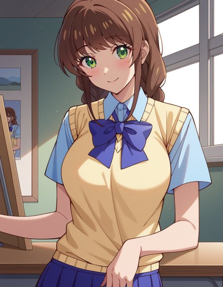 score_9, score_8_up, score_7_up, source_anime, uncensored, <lora:StS_detail_slider_v1:3>, zPDXLxxx, <lora:Shiori_Sakurazaka_PONYXL_VexVexX:1>, ShioriSakurazaka, green eyes, brown hair, braids, twin braids, long braids, long hair, bangs, hair behind ear, medium breasts, school uniform, blue skirt, blue shirt, short sleeves, collared shirt, blue bowtie, sweater vest, yellow vest, cowboy shot, bedroom, from back, Pose in front of an easel or art supplies, thighs, looking at viewer, smile,
