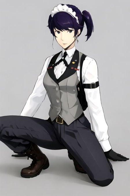 solo, 1girl, solo_focus, (((masterpiece))), ((best quality)), ((ultra-detailed)), ((too_many)):16, high resolution, absurdres, highres, ultra-detailed 8k unity wallpaper, 
kikunop3, maid headdress, vest, shirt, gloves, pants, boots, holster
