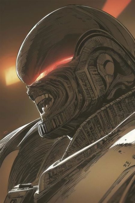 Robot, drone, science fiction, no human, xeno,
tall slender person, athletic, pale skin, white skin,
short purple hair,
red eyes,
crazy smile,
robotic face,
red display,
round face, 
robotic wings, robotic limbs, sharp long claws,
white tight shirt, open shoulder, sleeves,  white gloves,  tight clothe,
armor skirt,
metal boots, high boots,
black sun, red sunlight,
looking at viewer, angry, intimidating gaze,
drawing style,
dynamic light, 
ultra detail,
extremely detailed CG, 
micro intricate, 
highly detailed skin,
highly detailed face, 
highly detailed pupils, 
highly detailed iris, 
RAW photo, 
best quality, 
high resolution,
((masterpiece)),
realistic,
sharp focus, 
HDR, 8K resolution,
intricate detail, 
sophisticated detail, 
hyper detailed,
(depth of field), 
highlight and shadow,
volumetric lighting,
highly detailed background,
by Kentaro Miura:1.1,
comicbookpencils:0.9,
greyscale(line art:1.1)