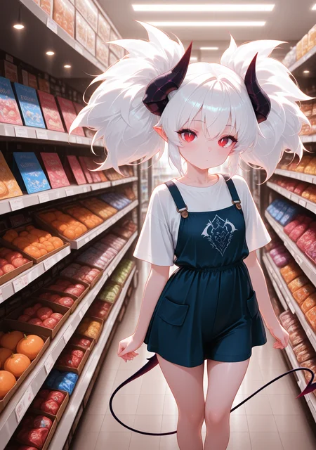 masterpiece,best quality,amazing quality,
<lora:svevsty:0.8>,svevsty,
1girl,tail,white hair,demon girl,looking at viewer,big hair,shop,