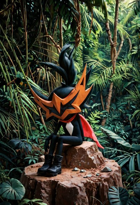 score_9,score_8,score_7, taterazay, mask, red cape, arms, sitting, relaxed, high quality, jungle background, rocks, hands, legs, boots, full body, background, highres, high resolution, looking away, epic, good angle,