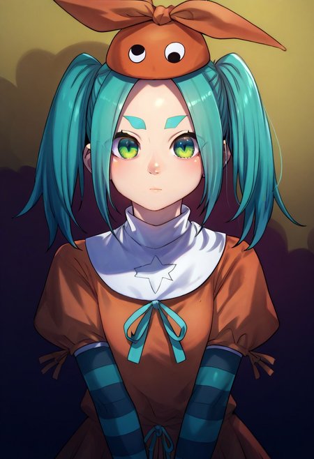 (zPDXL3), 
(zPDXLxxx), 
1girl, 
solo,
ononoki yotsugi, highres, twintails, aqua hair, green eyes, thick eyebrows, orange headwear, orange dress, striped thighhighs, expressionless, 
bust up, 
front view, 
looking at viewer, 
hands over eyes, 
eyes between fingers, 
v,