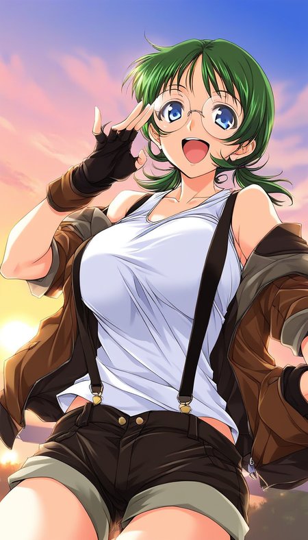 score_9, score_8_up, score_7_up, source_anime, rating_explicit, BREAK  <lora:Sakurako_Ver2.0_XL:1> Sakurako, solo, glasses, green hair, blue eyes, twintails, short hair, large breasts,
smile,  open mouth,
gloves, shorts, fingerless gloves, tank top, phone, jacket, suspenders,
sunset, outdoor, sky,