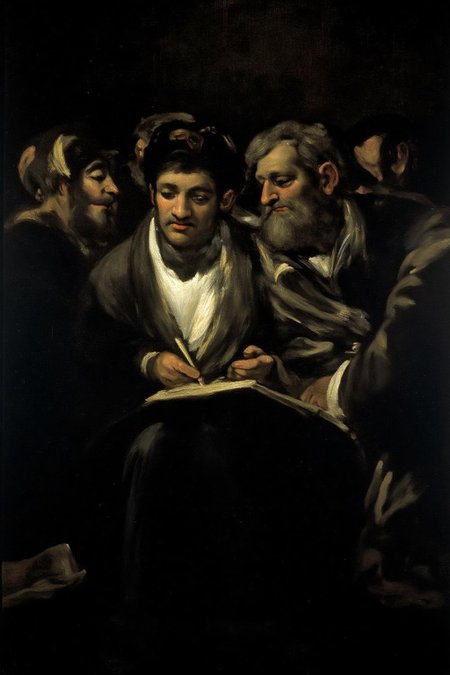 g0ya1 painting of a group of men reading a book in the dark. <lora:g0ya2_cap_d6a3e12:1.0><lora:823852878881091653:0>