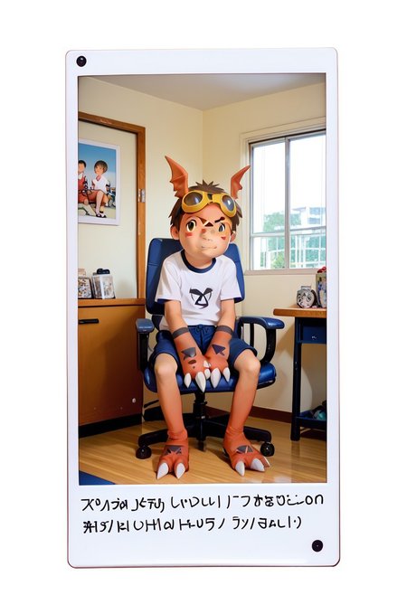 score_9, score_8_up, score_7_up, zPDXL2, 
,takato sitting chair hold guilmon,
1boy, solo, goggles on head, brown hair, jyojifuku, white shirt,  short sleeves, shorts, gym uniform,,,polaroid_photo,feral,digimon