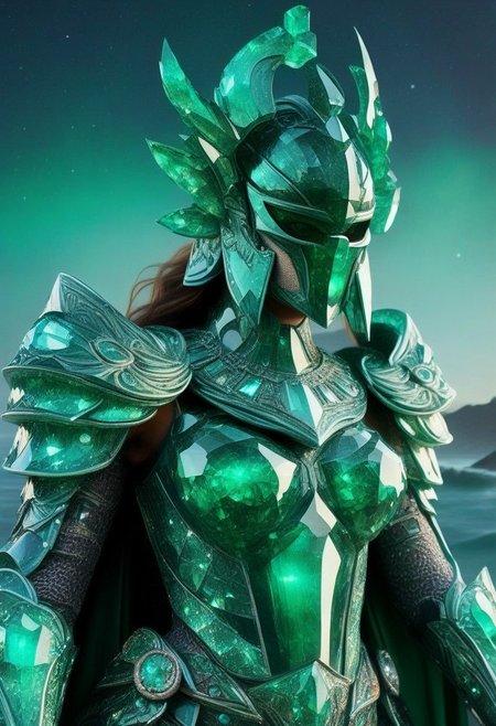 Hyperrealism, fully dressed, goddess, doing shores, night, emeraldmorph, galactic, (extremely detailed overall:1.5), closer, upper body, portrait, (GIGA ARMOR:1.5), emerald armor, lava vulcan background, full face helmet, supreme armor,