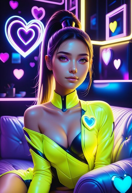 (((masterpiece))) , (((best quality))) , 2d, 8k. 1 woman, high ponytail, leaning on a neon purple couch with neon yellow pillows, the pillows are formed as a heart, SeijSDXL <lora:SeijSDXL-000006:0.7>, close up, portrait, looking at viewer, futuristic interior  <lora:FuturisticInteriorStyle:0.6> <lora:SDXLFaeTastic2400:0.5>