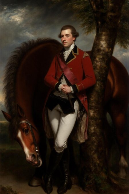 jore1 painting. 
A gentleman in 18th-century attire standing next to a horse. The man, standing confidently, is dressed in a vibrant red military uniform with gold trim, a white waistcoat, and white breeches. His outfit includes a white cravat and a fur-trimmed coat, indicative of the late 18th century. He wears black boots and holds a riding crop in his right hand. His left hand rests on the shoulder of a large, chestnut horse with a white blaze on its face, which is standing calmly beside him.
 <lora:jore1_cap_d6a3e12:1.0><lora:818387928133728963:0>