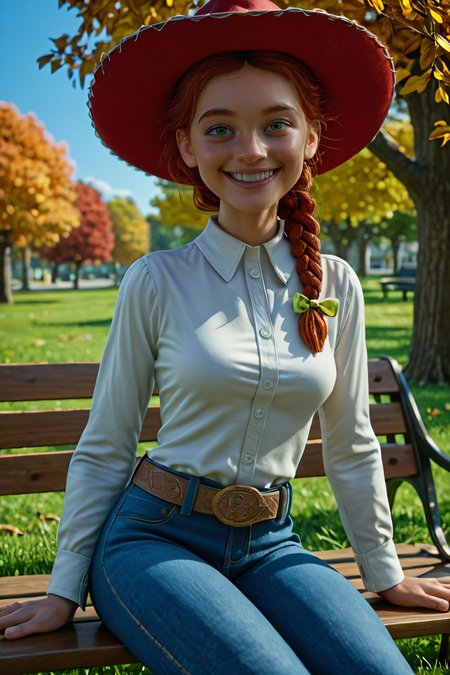 zPDXL3,  <lora:Jessie_the_Yodeling_Cowgirl_-_Toy_Story_PonyXL:.7>,
Jes_sie, woman, red hair, braid, red cowboy hat, green eyes, white shirt, long sleeves, medium breasts, belt, pants, looking at viewer, smiling, sitting, on bench, outside, park, trees, autumn, blue sky, grass,