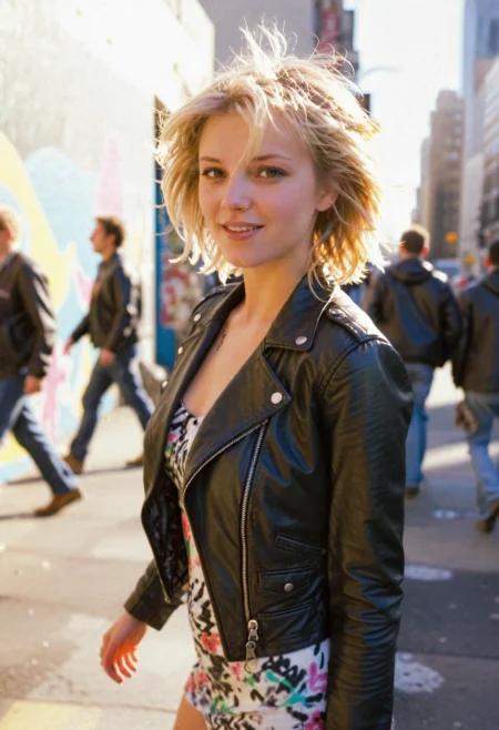 high-quality cinematic analog photo.  Dynamic street scene featuring a young Caucasian woman. She stands confidently on a bustling city sidewalk, wearing a stylish leather jacket and a flowing floral dress. Her short blonde hair is tousled by the wind, and she has a playful smile as she looks over her shoulder. The vibrant cityscape behind her is filled with colorful graffiti and busy pedestrians, while the late afternoon sun casts a warm glow, creating a lively and energetic atmosphere.  Highly detailed, film grain   <lora:dmd2_sdxl_4step_lora> <lora:xl_EuroBabeXL-v4>