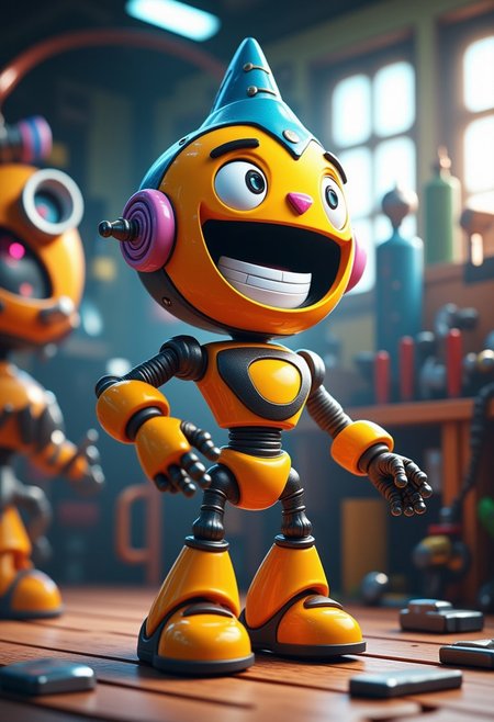 A cheerful robot with a big, expressive face standing in a futuristic workshop, surrounded by colorful tools and gadgets, a 3D render in the style of 3DMVIE