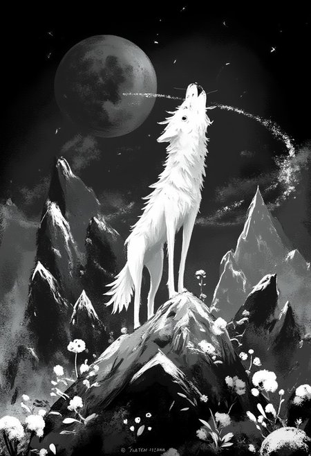 A whimsical illustration of an elongated wolf with an absurdly oversized polygonal head in stark black and white, howling atop a geometric mountain peak composed of sharp crystalline facets, digital painting with dramatic brushstrokes creating harsh shadows and brilliant highlights, moonless night background with mathematically precise stars forming spectral patterns, characteristic Tim Burton inspired design with hollow eyes that somehow emit beams of white light through the darkness, creating a hauntingly beautiful monochromatic scene where geometric precision meets wild, untamed spirit