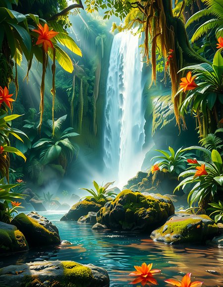 A stunning and tranquil view of a jungle waterfall cascading down smooth, moss-covered rocks into a crystal-clear pool below. The scene is surrounded by dense, lush greenery, with towering tropical trees and vibrant, oversized ferns creating a natural canopy that filters sunlight into dappled patterns on the forest floor. Brightly colored flowers in shades of red, orange, and purple add splashes of color among the greenery, while vines and roots wind their way around the rocks and trees. Mist rises from the base of the waterfall, catching the sunlight and creating a soft, ethereal glow, with a faint rainbow visible in the spray. Exotic birds with iridescent feathers can be seen perched on branches, and the faint sound of distant animal calls adds to the sense of a thriving, untouched paradise. The overall atmosphere is serene, magical, and vibrant, capturing the untamed beauty of nature.<lora:SDXLFaeTastic2400:0.4> <lora:extremely_detailed:0.4> extremely detailed, <lora:Jungle_w4t3rf4ll:1>,Jungle w4t3rf4ll, Masterpiece,best quality,hi res,8k,hi res,8k,award winning,(sharp focus, intricate, highly detailed),