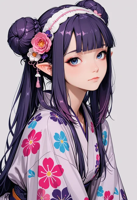 masterpiece, best quality, amazing quality, ninomae ina'nis, 1girl, solo, long hair, looking at viewer, blue eyes, hair ornament, closed mouth, very long hair, upper body, braid, purple hair, flower, sidelocks, hairband, japanese clothes, pointy ears, virtual youtuber, blunt bangs, hair flower, official alternate costume, grey background, kimono, hair bun, from side, double bun, leaning forward, official alternate hairstyle, haori, braided bun,
<lora:748cm_illu:0.4> 7481llu <lora:4kiak4ne:0.4> 4ki4k4ne_illu <lora:NOOB_vp1_detailer_by_volnovik_v1:1> <lora:noobai_ep11_stabilizer_v0.114_fp16:1> <lora:ponyv6_noobV1_2_adamW:0.3> <lora:ck-shadow-circuit-IL:0.45> in the style of cksc