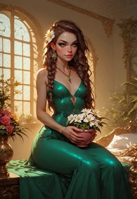 safe_pos, safe_pos, score_9, score_8_up, score_7_up, score_6_up, score_5_up, score_4_up, human female, girl, short, beautiful, seductive, white skin, curvy, hourglass figure, wide hips, small breasts, perky breasts, chocolate brown hair, long hair, braided hair, side braid, emerald eyes, round eyes, big mouth, filled lips, small ears, round ears, round face, snub nose, beautiful face, aesthetic face, bronze jewelry, emerald jewelry, emerald wrap dress, bronze silk dress, friendly, naughty, mischievous, friendly smile, sitting on bed,  holding pot of flower on lap, holding pot of flower with both hands, big flower, beautiful white flower, luxurious brothel, brothel room, golden and green decorations in background, emerald carpet, bronze furnitures, green plants in the background, bronze columns in background, decorated window in background, artistic background Expressiveh, g0th1c