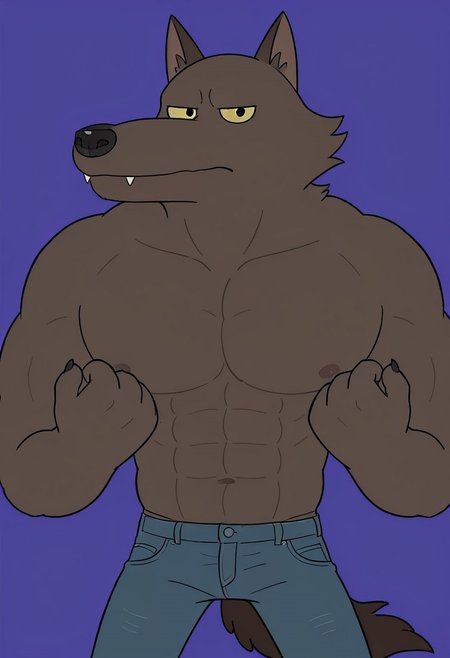 score_9_up, score_8_up, score_7_up, detailed, high quality, masterpiece, best quality, amazing quality, flat colors, cartoon, solo, male, anthro, w0lfman-bare-chest, werewolf, brown fur, yellow eyes, dark nose, fangs, muscles, abs, pecs, nipples, bare chest, skinny jeans, brown tail, half body, standing, looking at viewer, closed mouth, alert, two raised arms, purple background.
